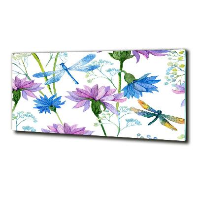 Glass picture wall art Flowers and dragonflies