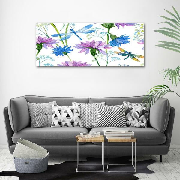 Glass picture wall art Flowers and dragonflies