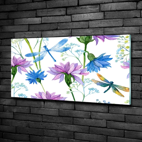 Glass picture wall art Flowers and dragonflies