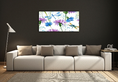 Glass picture wall art Flowers and dragonflies