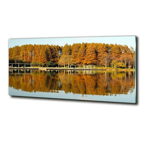 Glass wall art large Forest by the lake