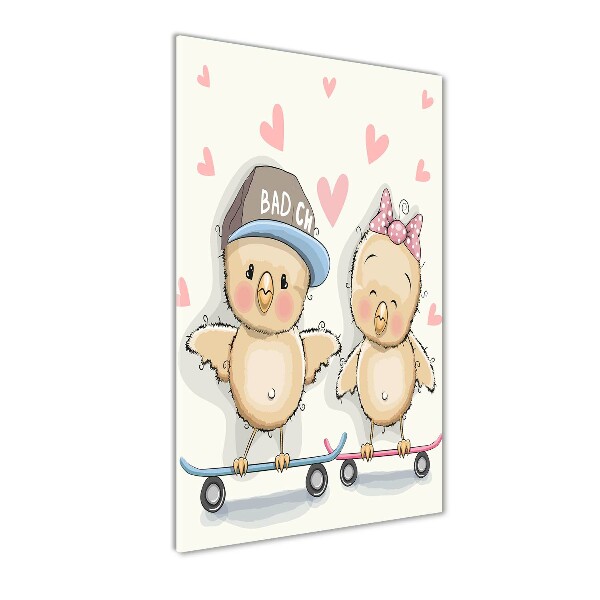 Printed glass wall art Skateboard chickens