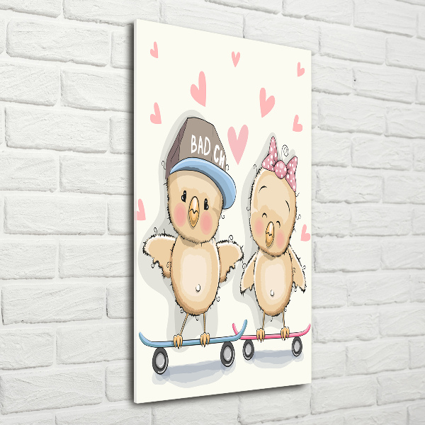 Printed glass wall art Skateboard chickens