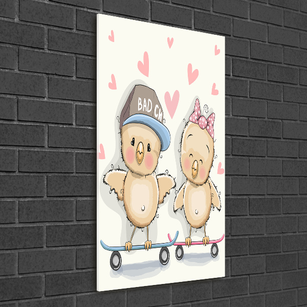 Printed glass wall art Skateboard chickens