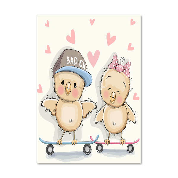 Printed glass wall art Skateboard chickens