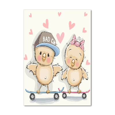 Printed glass wall art Skateboard chickens