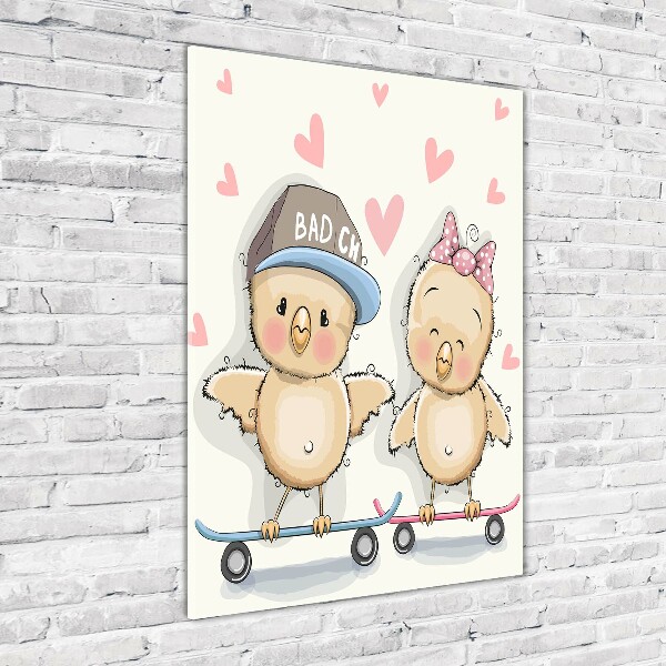 Printed glass wall art Skateboard chickens