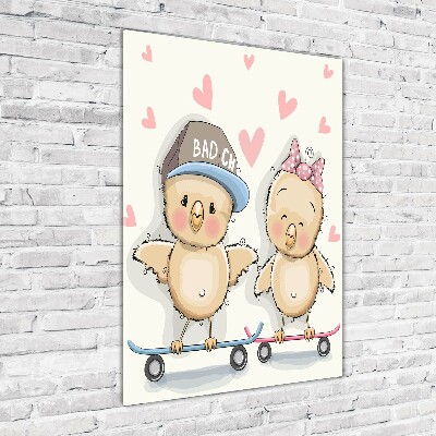 Printed glass wall art Skateboard chickens