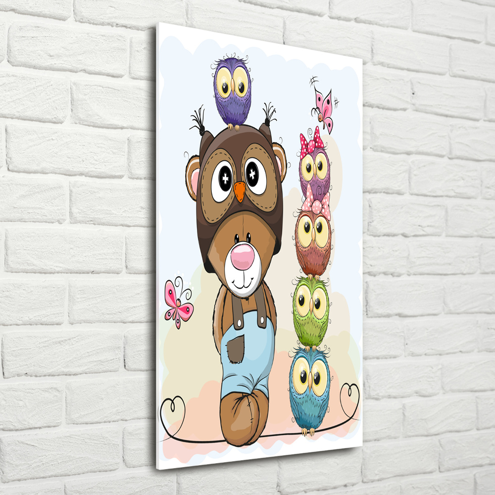 Printed glass wall art Bear and owls