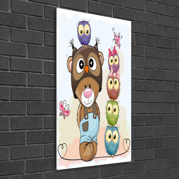 Printed glass wall art Bear and owls