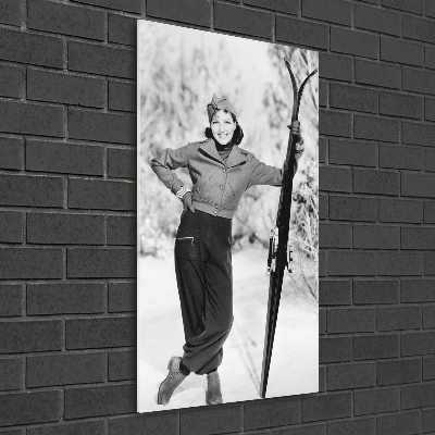 Glass wall art A woman with skis