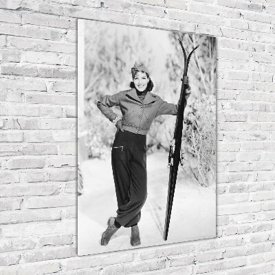 Glass wall art A woman with skis