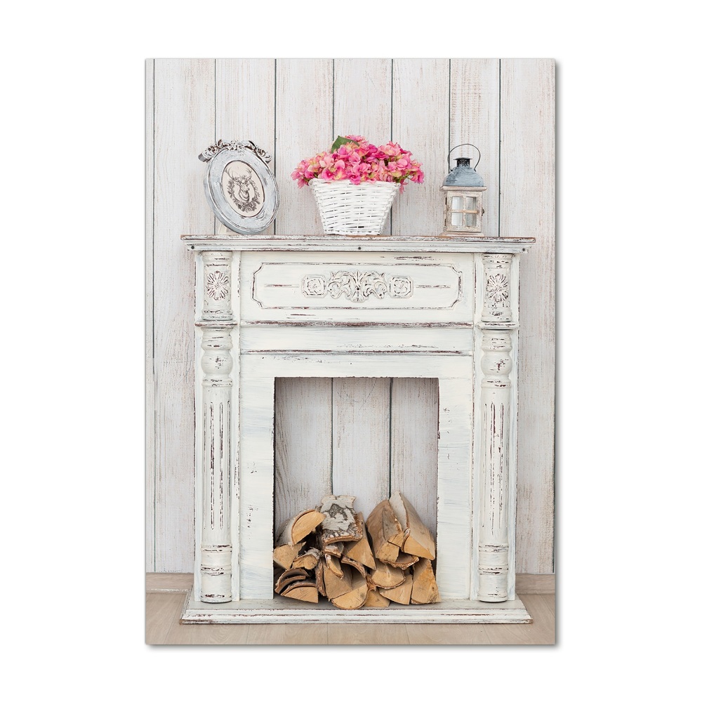 Wall art on glass Wooden fireplace