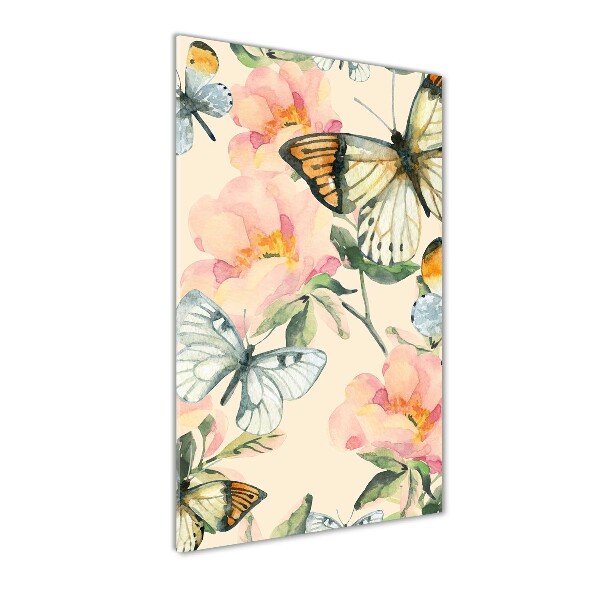 Glass picture wall art Roses and butterflies