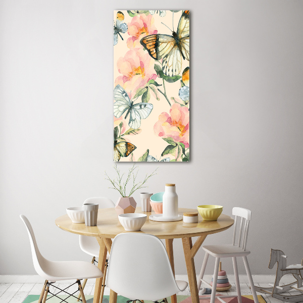 Glass picture wall art Roses and butterflies