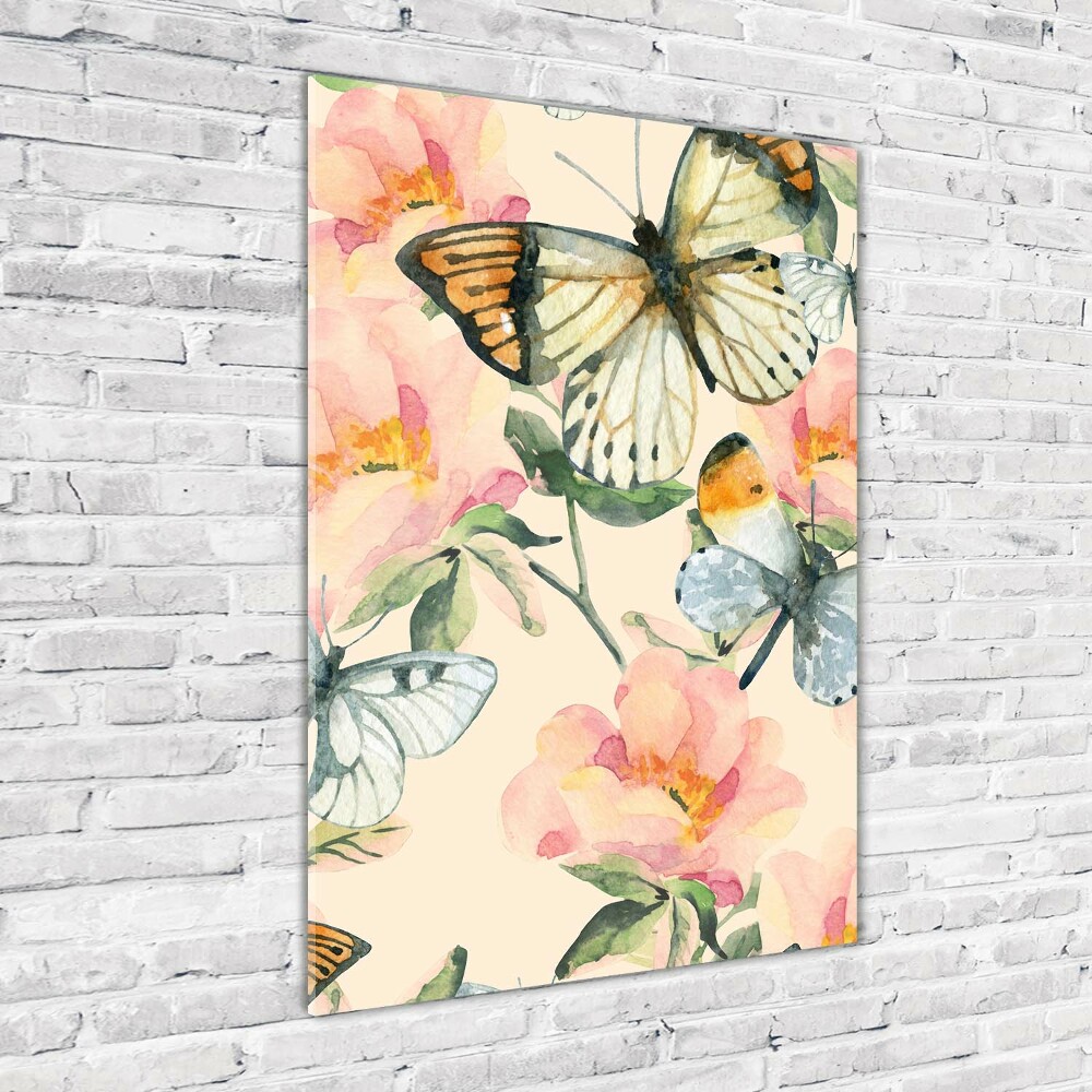 Glass picture wall art Roses and butterflies