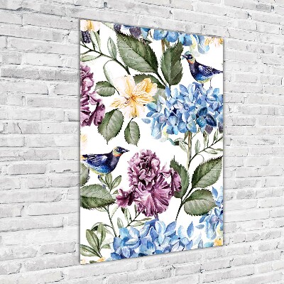 Glass picture wall art Flowers and birds