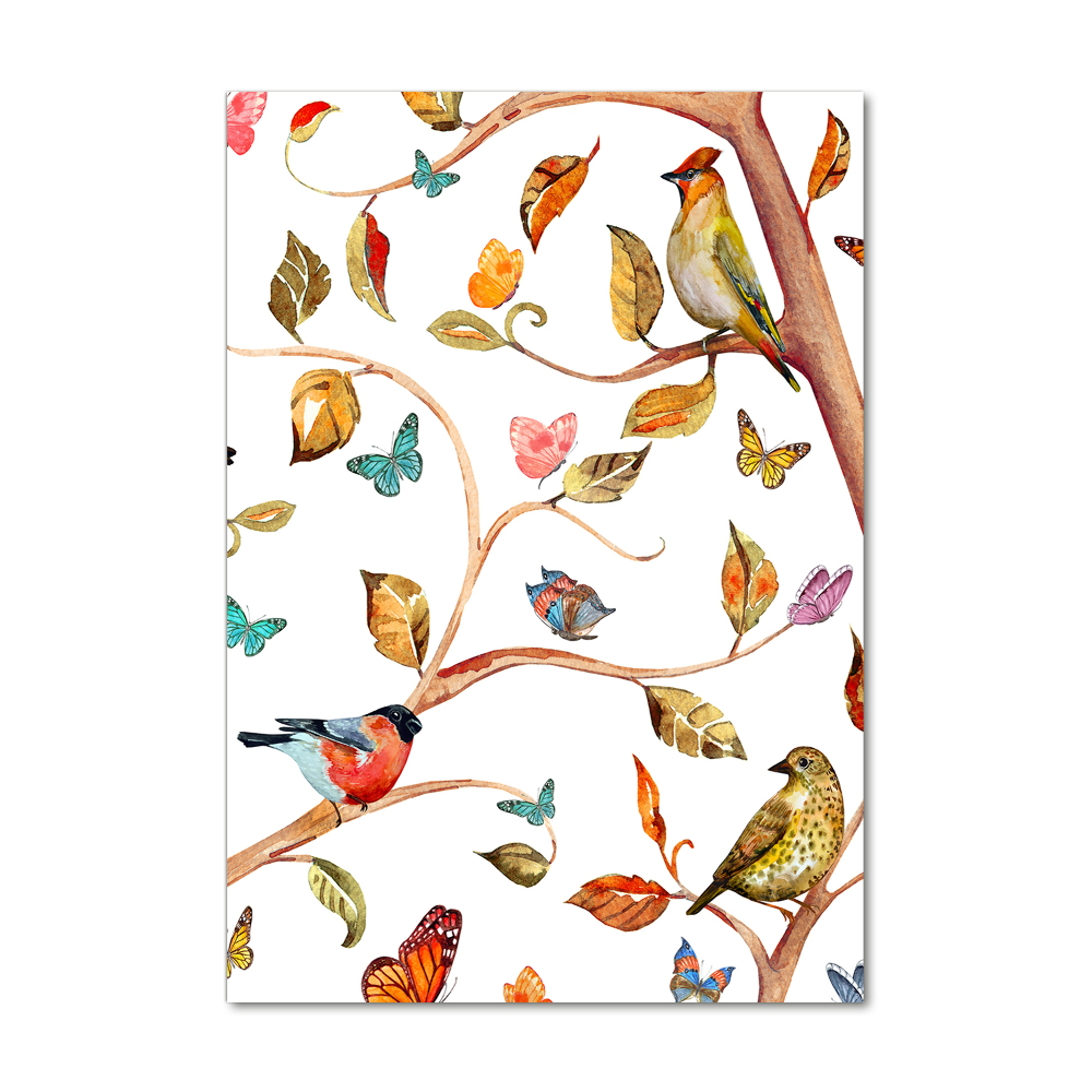 Glass wall art Birds butterflies leaves