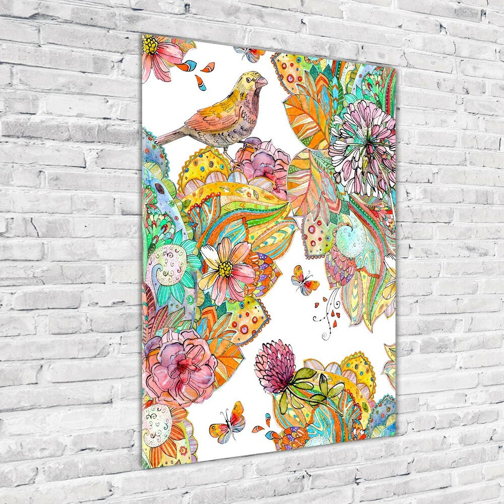 Glass wall art Birds butterflies flowers