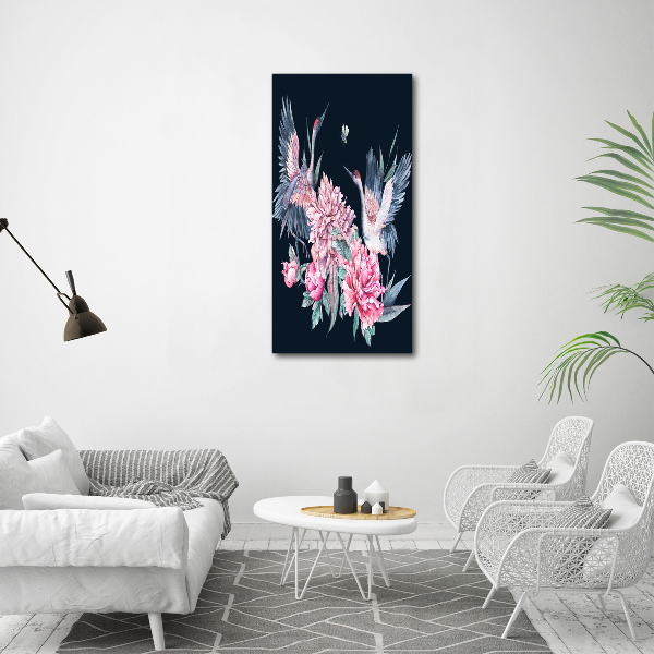 Glass wall art Cranes and peonies