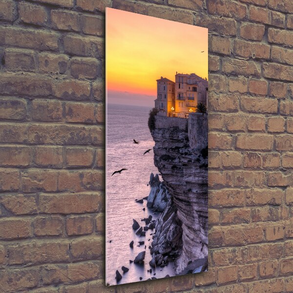 Printed glass wall art Houses on the cliff