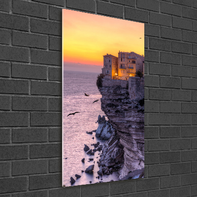 Printed glass wall art Houses on the cliff