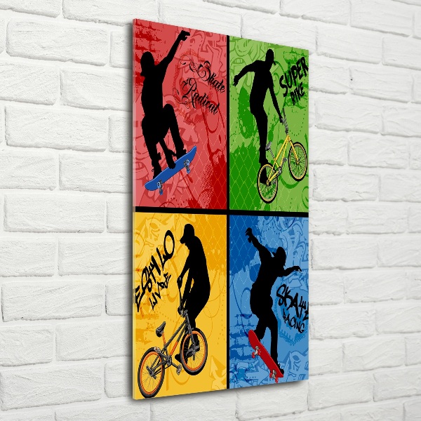 Print on a a glass Bicycle and skateboard