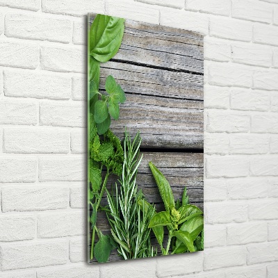 Glass art picture Herbs on wood