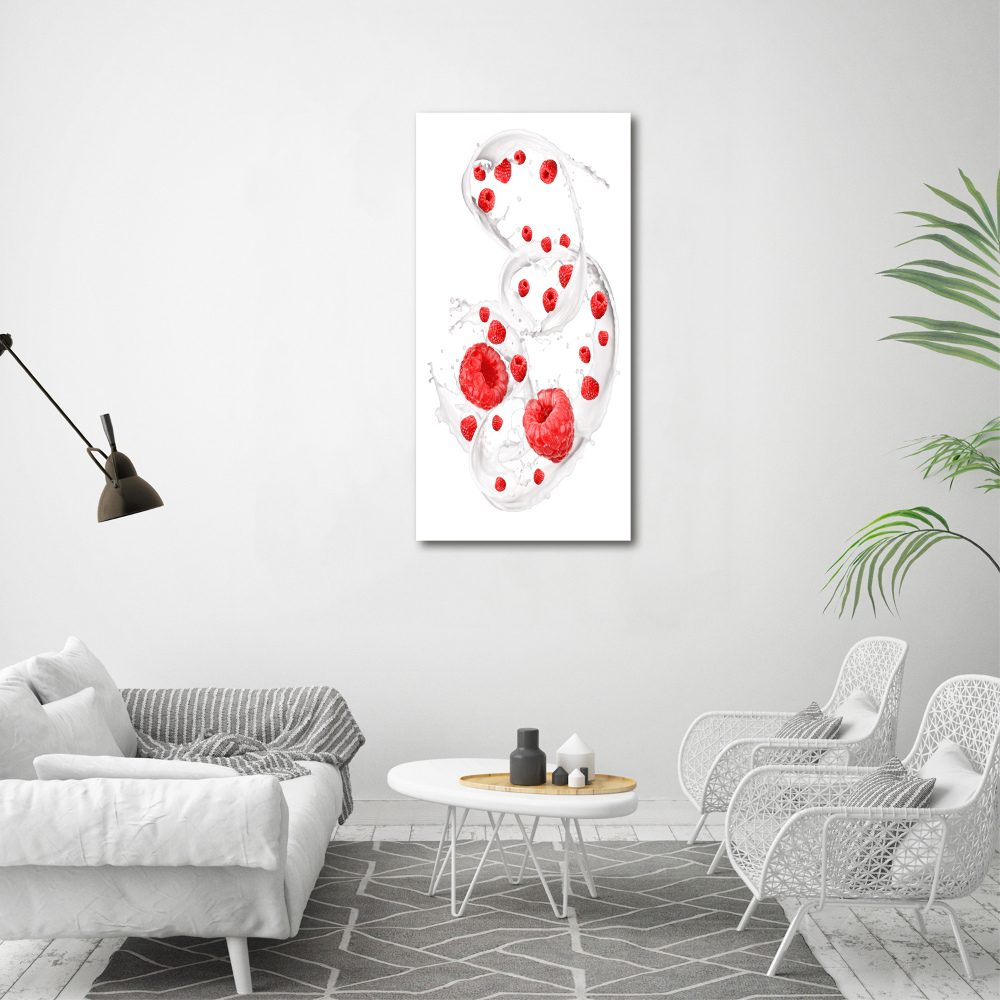 Glass wall art Milk and raspberries