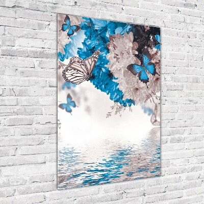 Printed glass wall art Flowers and butterflies