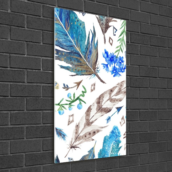 Printed glass wall art Feathers and flowers