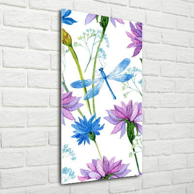 Wall art on glass Flowers and dragonflies