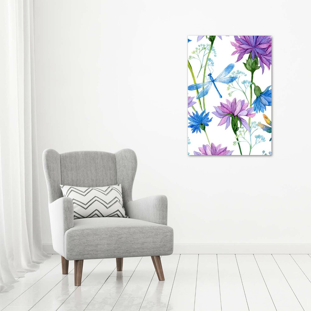 Wall art on glass Flowers and dragonflies