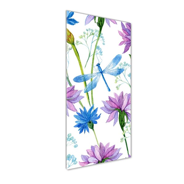 Wall art on glass Flowers and dragonflies