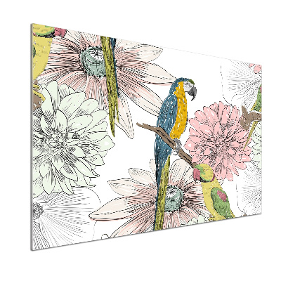 Glass splashback Parrots and flowers