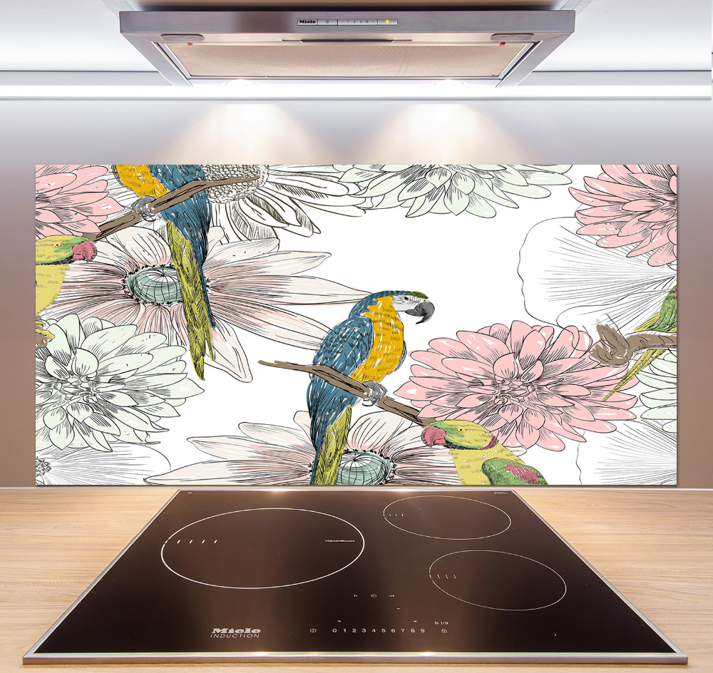 Glass splashback Parrots and flowers