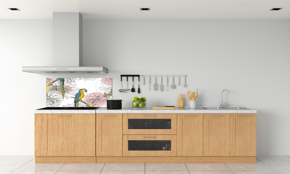 Glass splashback Parrots and flowers