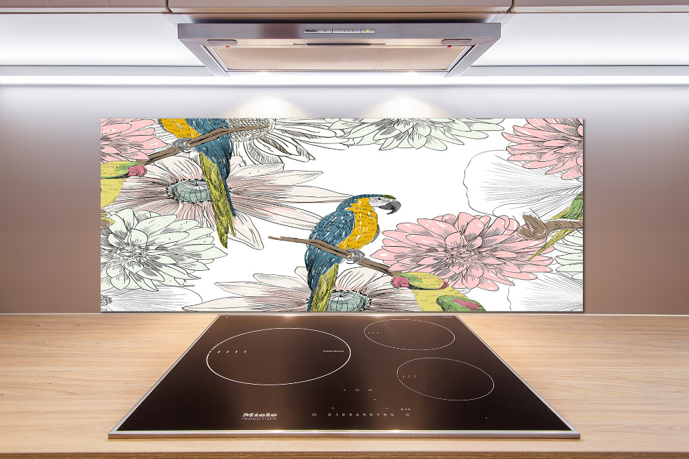 Glass splashback Parrots and flowers