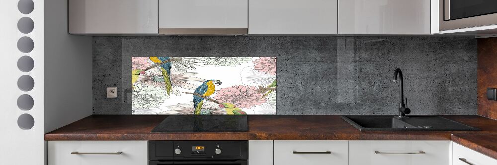 Glass splashback Parrots and flowers