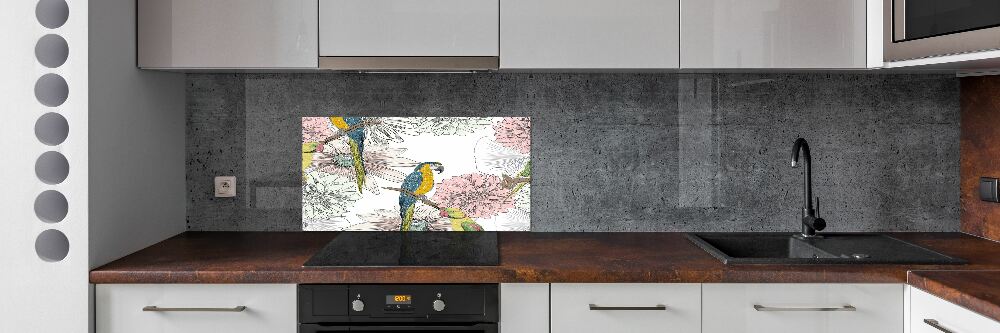 Glass splashback Parrots and flowers