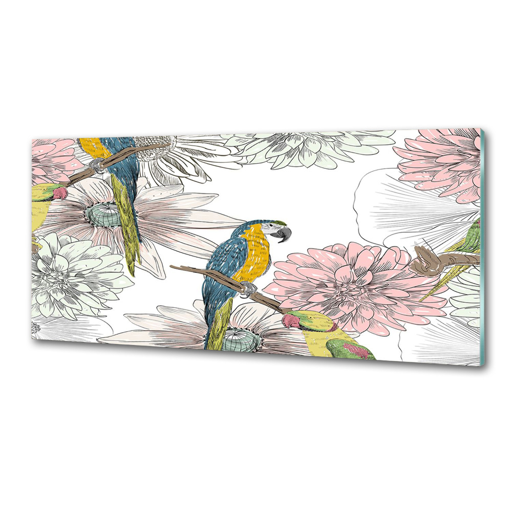 Glass splashback Parrots and flowers