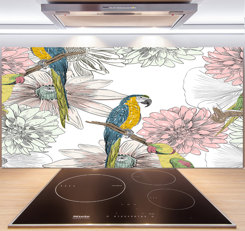 Glass splashback Parrots and flowers