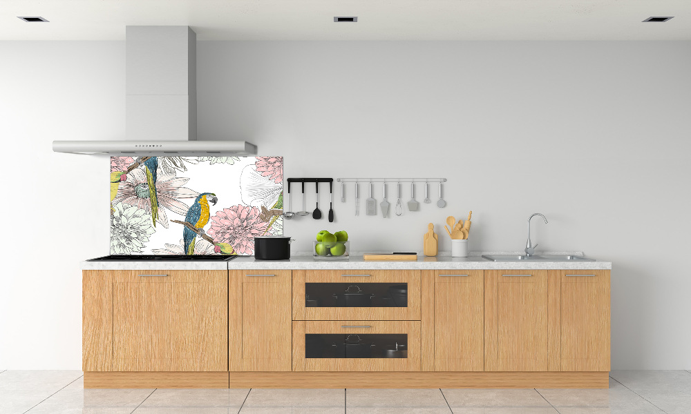 Glass splashback Parrots and flowers