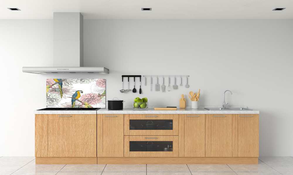 Glass splashback Parrots and flowers