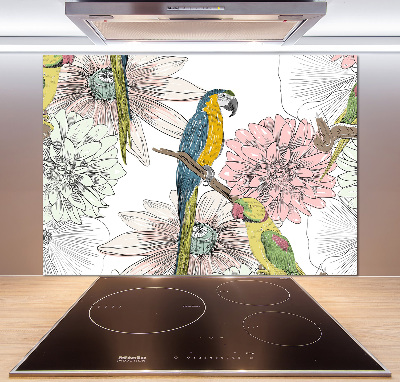 Glass splashback Parrots and flowers