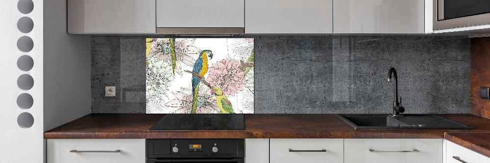 Glass splashback Parrots and flowers