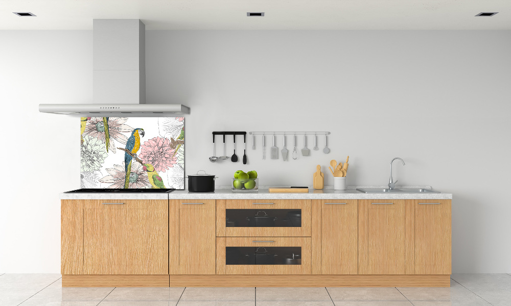 Glass splashback Parrots and flowers