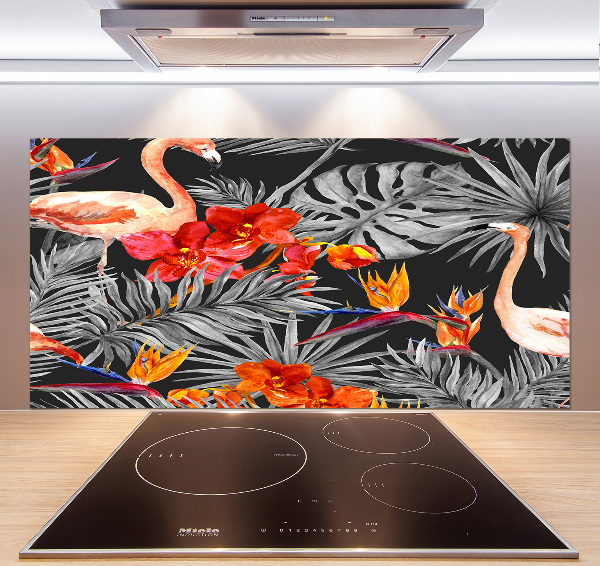 Glass splashback Flamingos and flowers