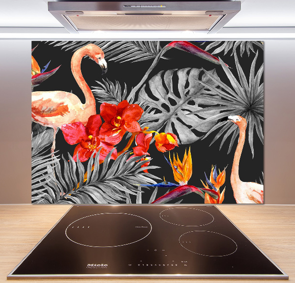 Glass splashback Flamingos and flowers