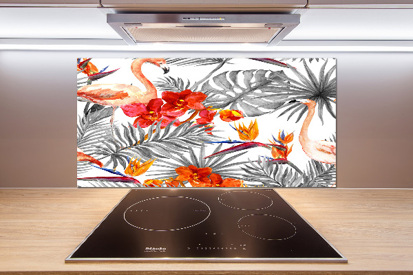 Glass splashback Flamingos and flowers